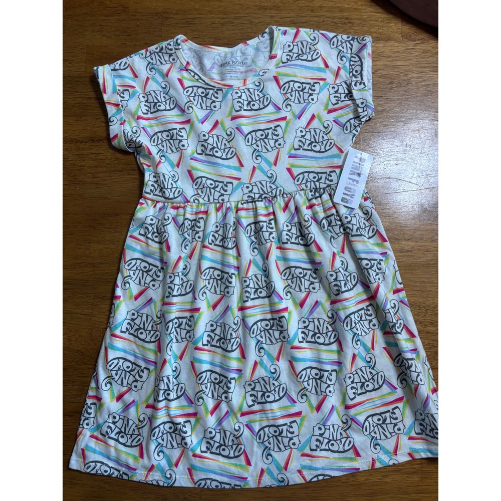 Pink Floyd Girls Skater Dress White Rainbow Logo Graphic Print Size M 7/8 NWT